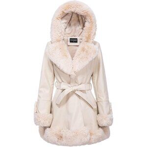 Women's Beige With Hood Gran Oriente Leather Winter Coat Fur Collar Belted